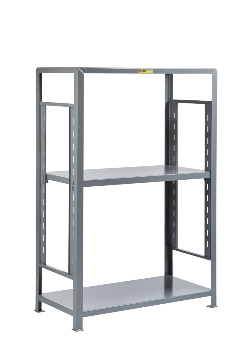 Little Giant adjustable steel shelving, 1500 lbs shelf capacity, 12ga reinforced shelves, Adjust in 3-1/2" increments, Available with 1,2,3 adjustable center shelves, 2x2x3/16 uprights, Overall height 72"