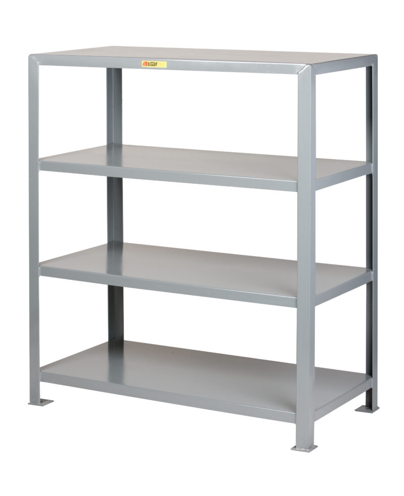 Little Giant welded steel shelving, Solid shelf 2000 lbs capacity per shelf, per shelf, 12ga reinforced shelves, 2x2x3/16 uprights, Overall height 72", Anchor holes