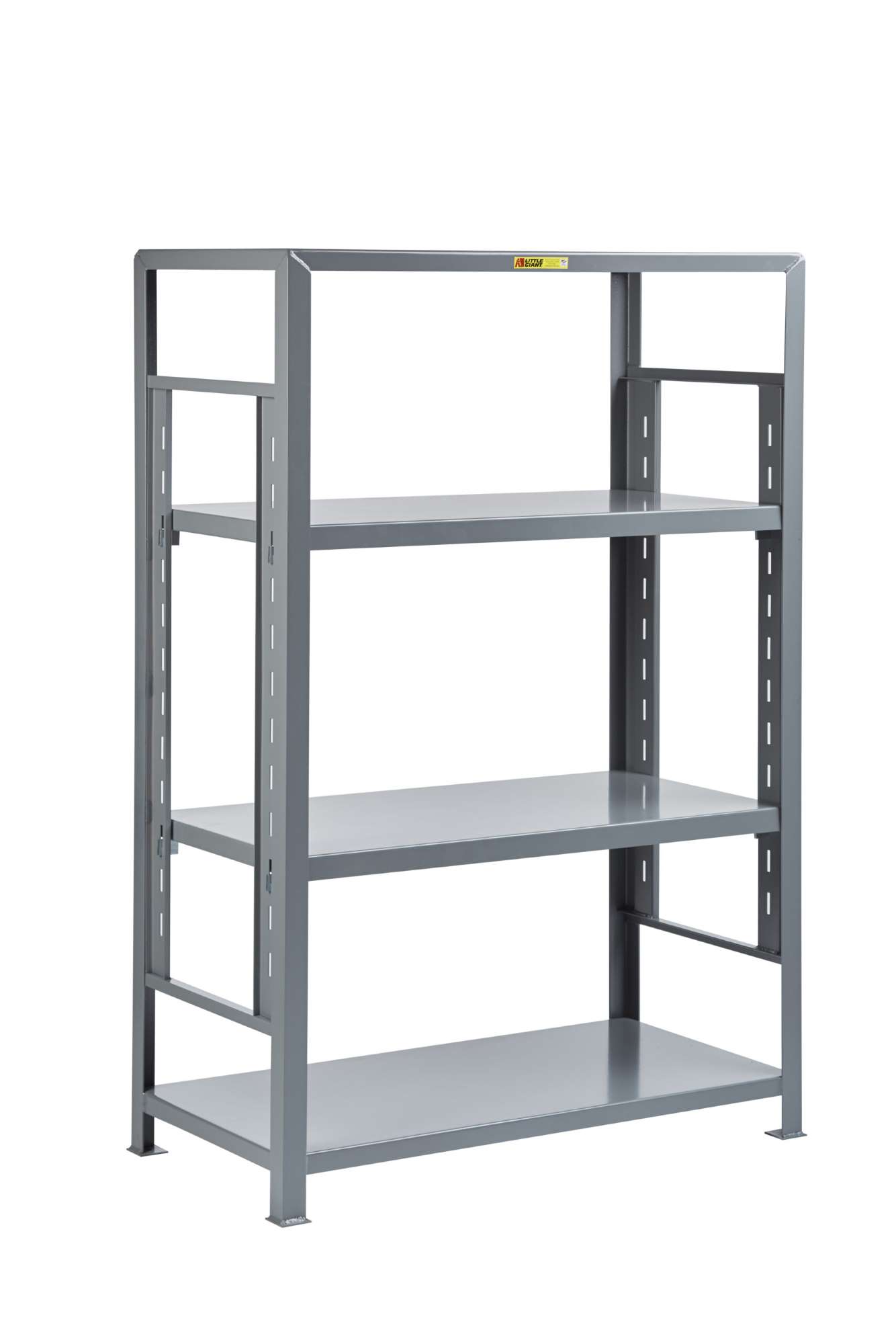 Little Giant adjustable steel shelving, 1500 lbs shelf capacity, 12ga reinforced shelves, Adjust in 3-1/2" increments, Available with 1,2,3 adjustable center shelves, 2x2x3/16 uprights, Overall height 72"