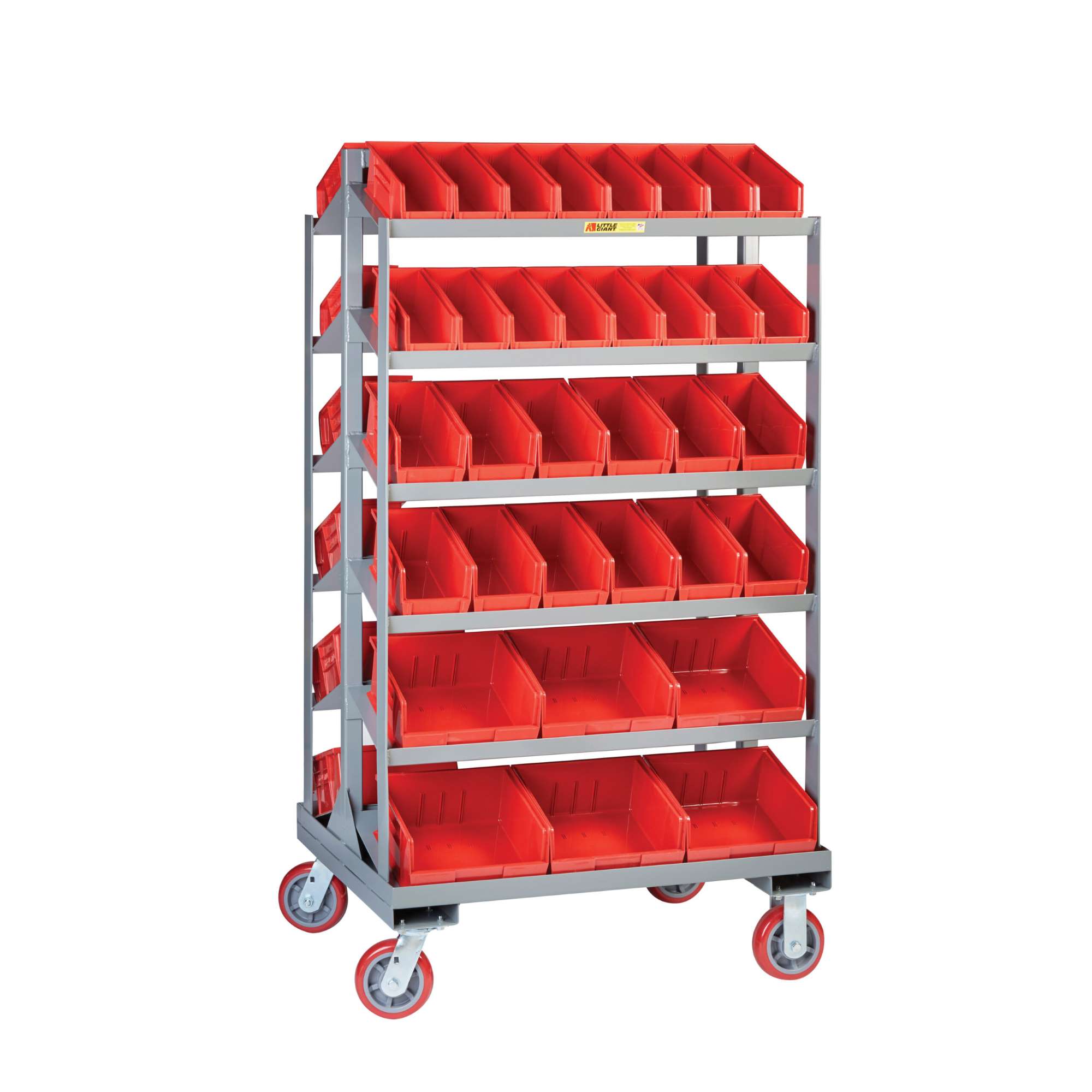 Little Giant sloped shelf bin cart, Twelve shelves, two-sided bin cart, 15 deg sloped shelves, Accommodates bins 11-7/8"D x 8"H, 6" wheels