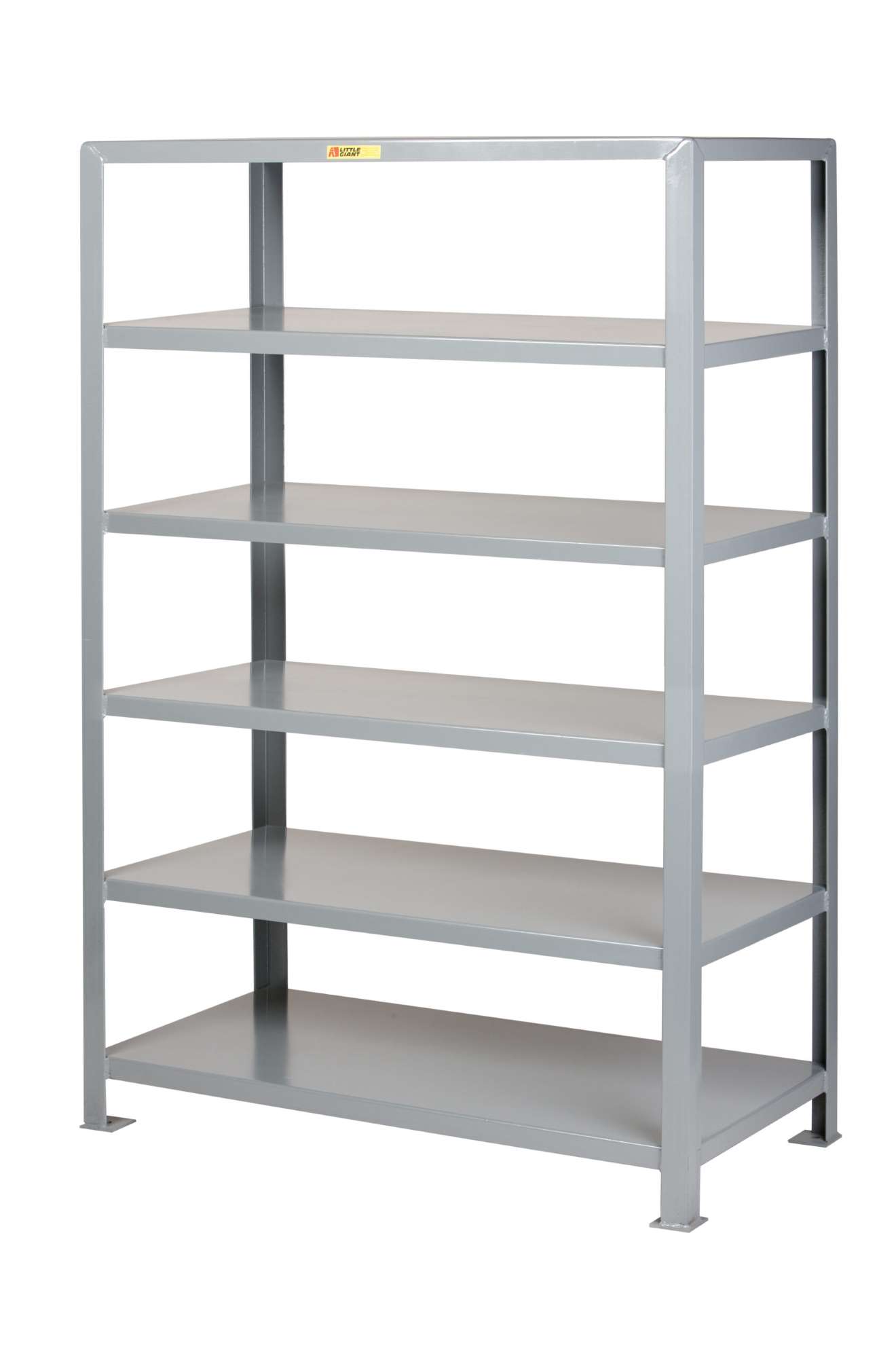 Little Giant welded steel shelving, Solid shelf 2000 lbs capacity per shelf, 12ga reinforced shelves, 2x2x3/16 uprights, Overall height 72", Anchor holes
