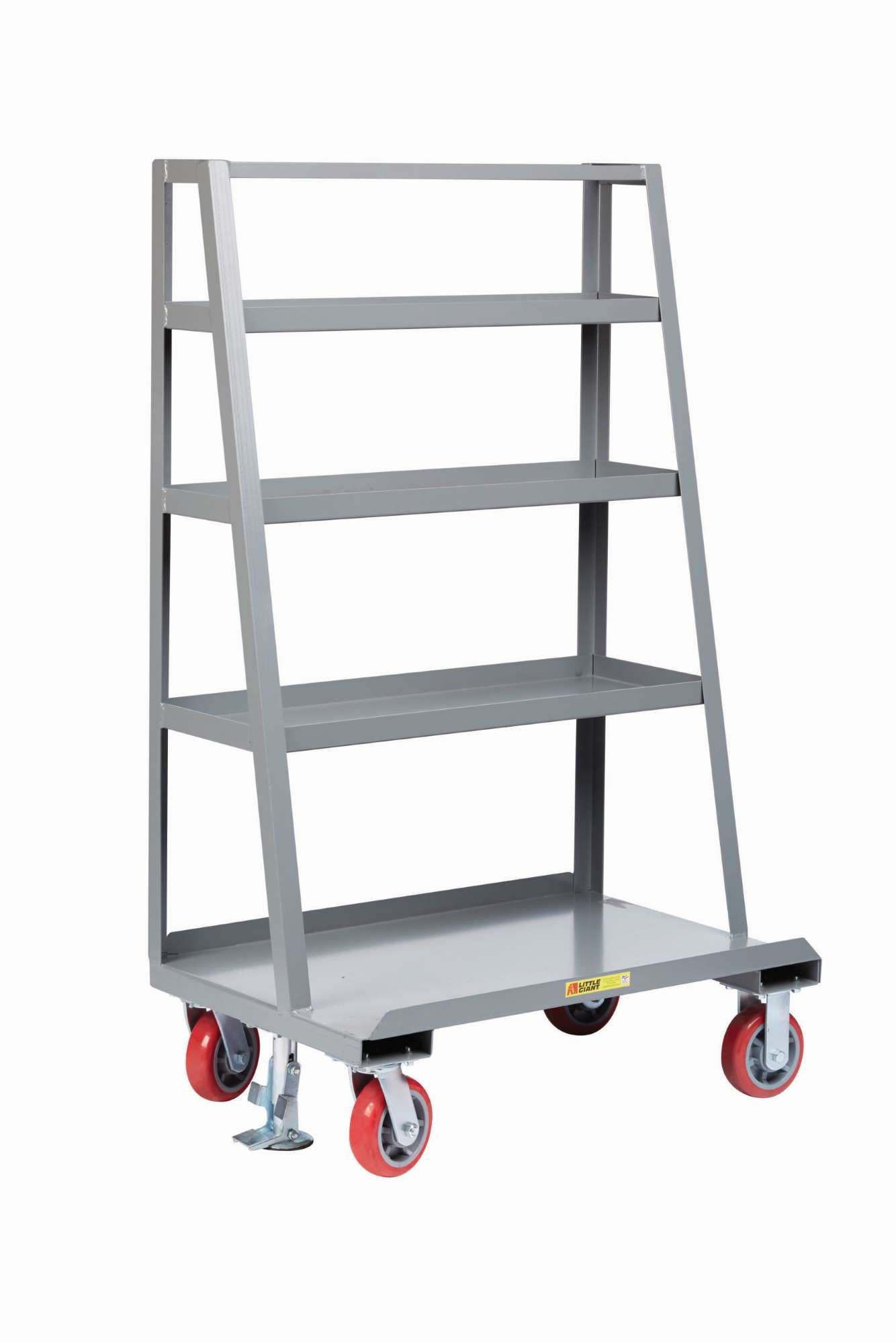 Little Giant, A-frame sheet & panel truck with back shelf storage, 2000 lbs capacity, 4 shelves, 1-1/2" lip, 2 rigid and 2 swivel casters, 6" wheels, Floor lock, Overall height 60"
