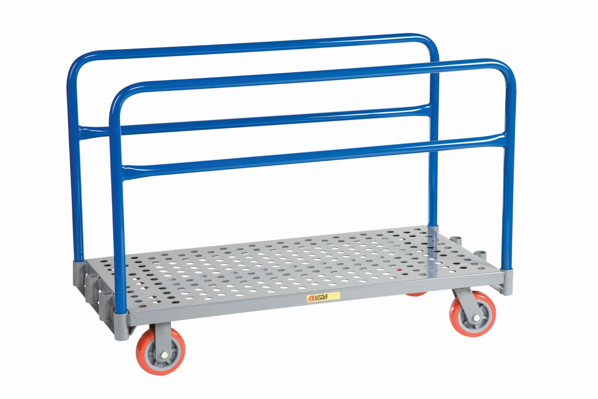 Little Giant, Perforated adjustable sheet & panel truck, 2000 lbs capacity, Perforated 12ga deck, 2 upright dividers, Upright extend 27" above deck, Uprights can be placed in four positions, 2 rigid and 2 swivel casters, 6" wheels