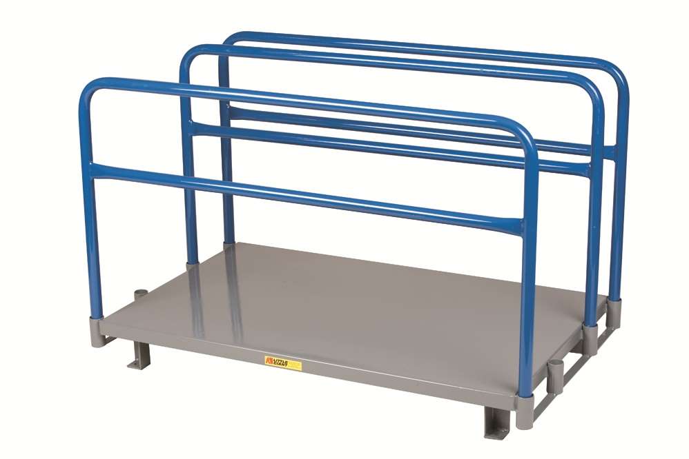 Little Giant, Adjustable sheet & panel rack, 12ga deck, 3 upright dividers extend 27" above deck, Anchor holes, Overall height 33"
