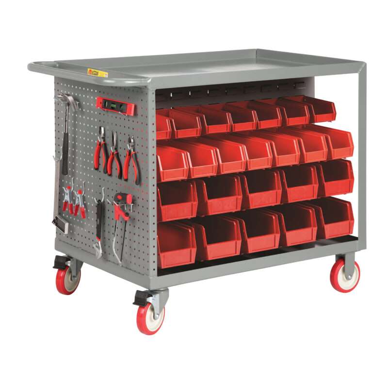 Little Giant Welded Bin Cart with Pegboard, Holds plastic bins, 5" total lock casters, Lip up shelves