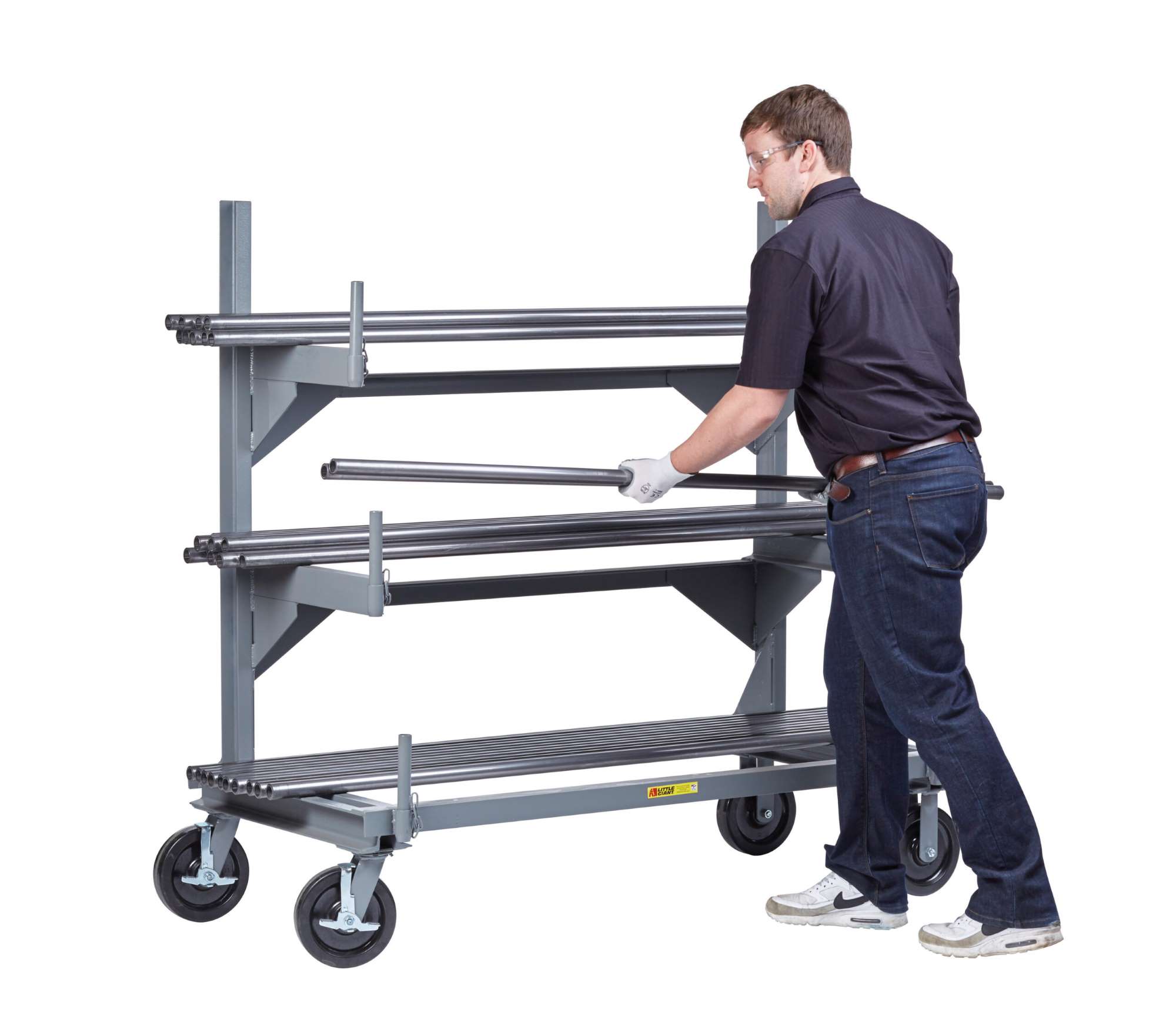 Little Giant mobile cantilever rack, 1500 lbs level capacity, 4000 lbs total capacity, removable retainer pipes, Overall height 61", 8" wheels