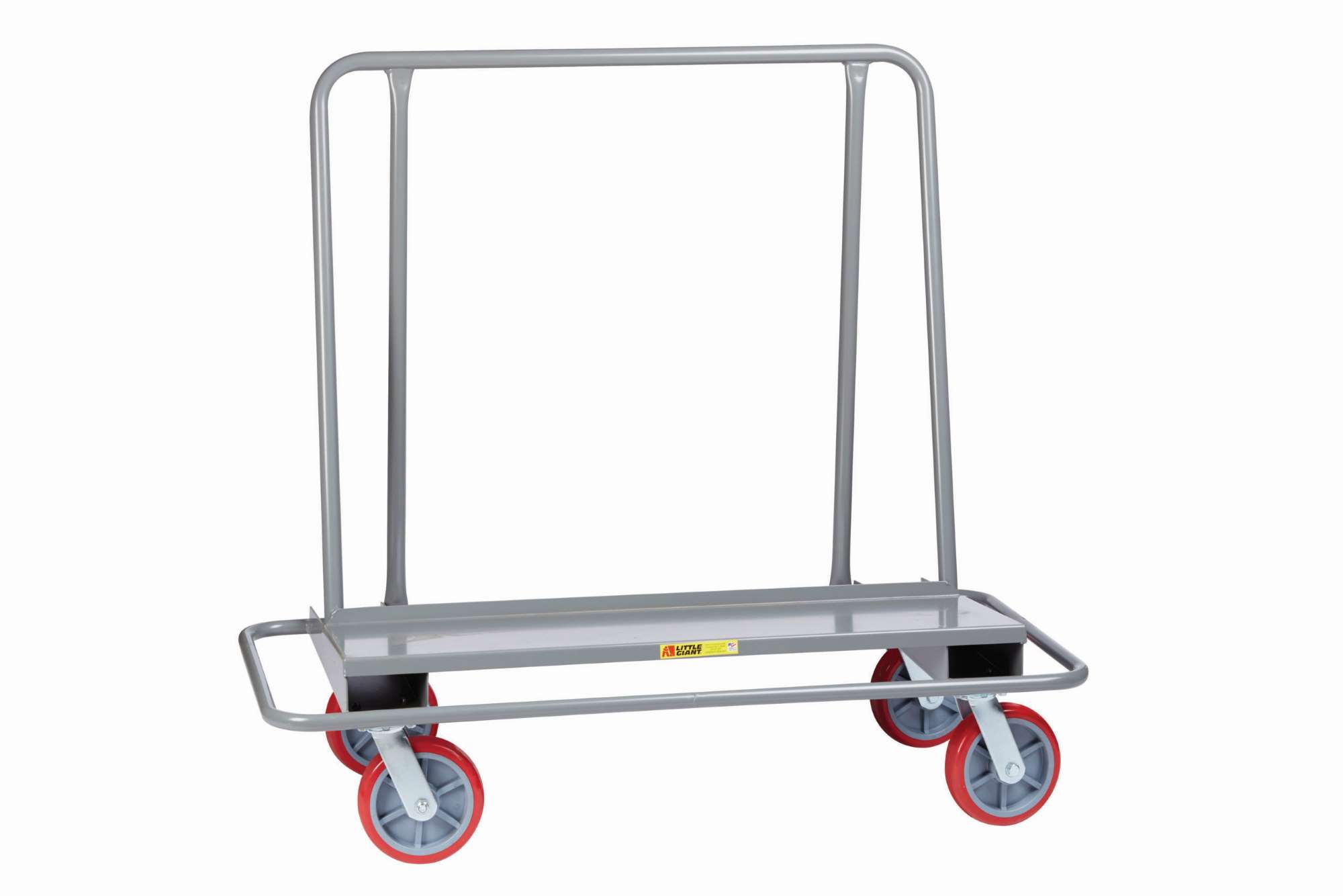 Little Giant, Drywall cart with steel bumper frame, 2000 lbs capacity, Tube steel bumper, 12ga deck, 14"x44" deck, Avialable with 4 swivel casters or 2 rigid / 2 swivel casters with floor lock, 8"wheels, Overall 26"W x 54"L x 51"H