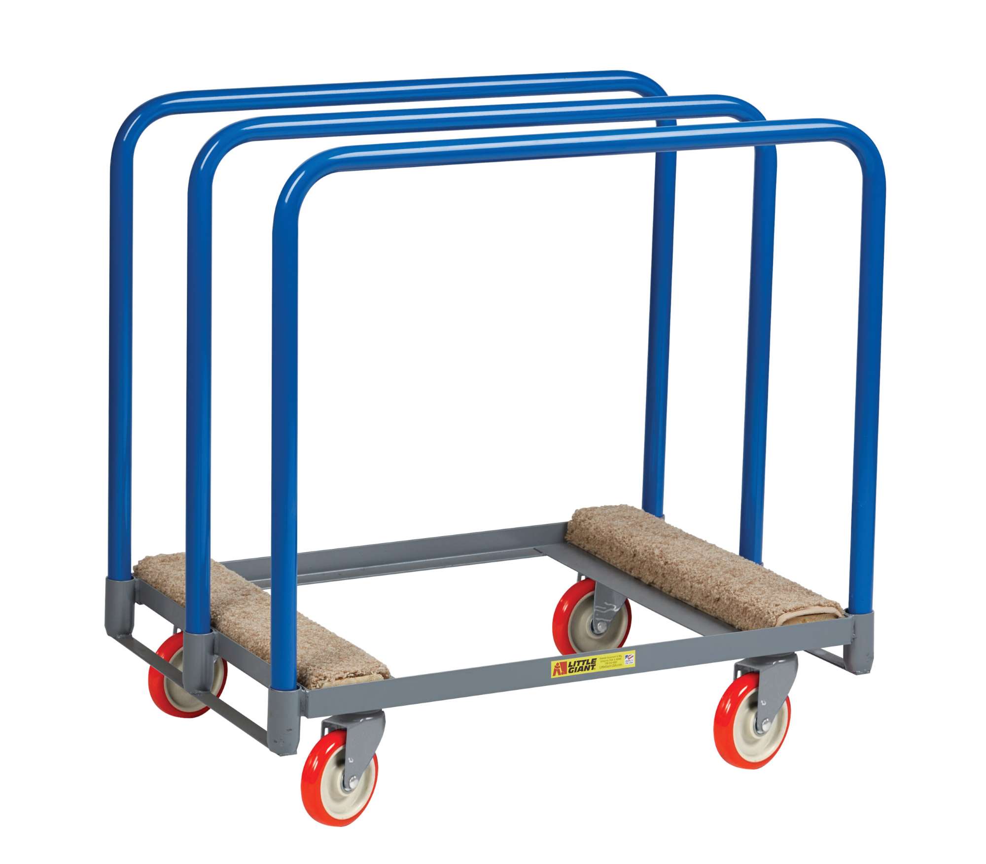Little Giant panel truck, 1000 lbs capacity, 3 removable panel supports, 27" tall uprights, 9-1/2" between uprights, 4 swivel casters, 5" wheels, Available with wood or carpet covered