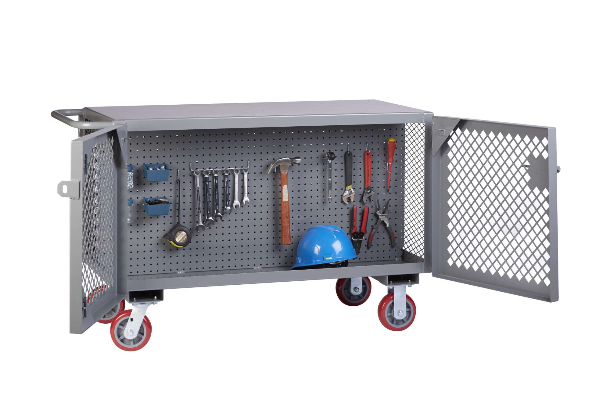 Little Giant 2-sided mobile maintenance cart, Pegboard, Louvered panels, 3600 lbs capacity, Overall height 33", 6" wheels