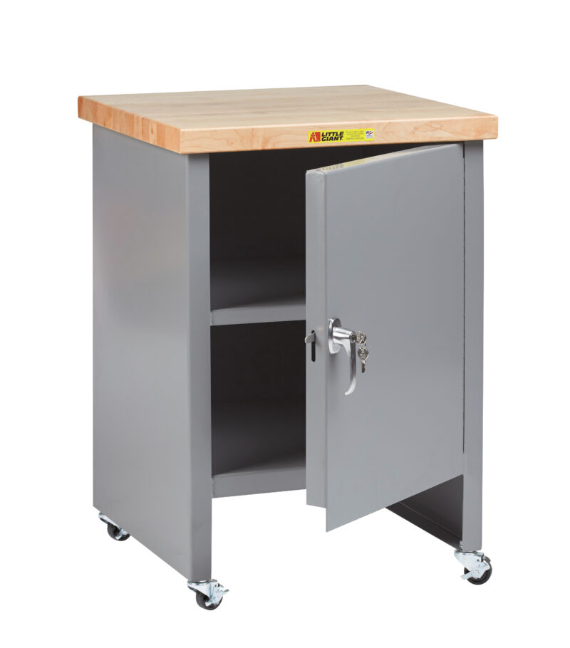 Compact Work Center Cabinet with Locking Door, Center Shelf, 3" Rubber Stem Casters