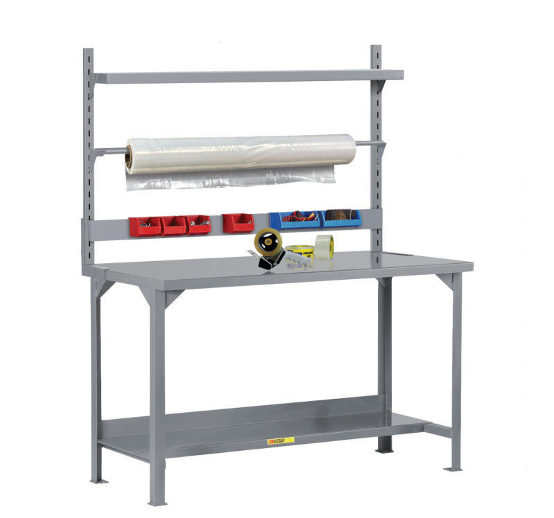 Welded Steel Packaging Workbench - Roll Goods, Bin Rail & Riser Shelf